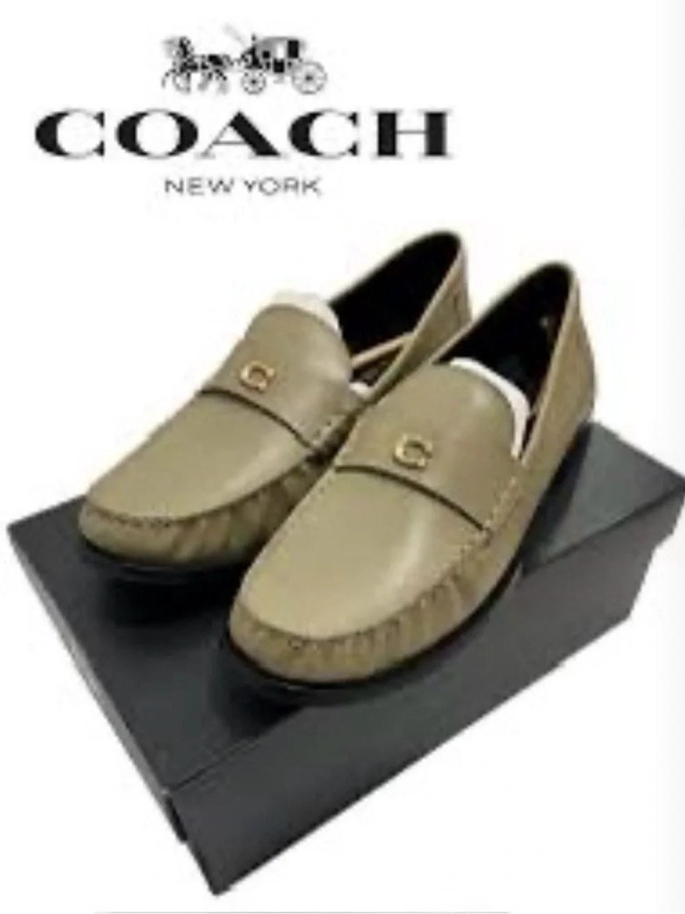 Coach woman’s Olive Green Leather Slip-On Loafers with Gold Accent - Picture 1 of 11